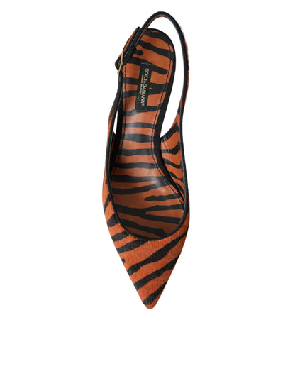 Black Orange Zebra Leather Slingbacks Shoes