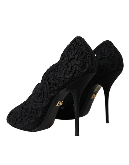 Black Cordonetto Ricamo Pump Open Toe Shoes