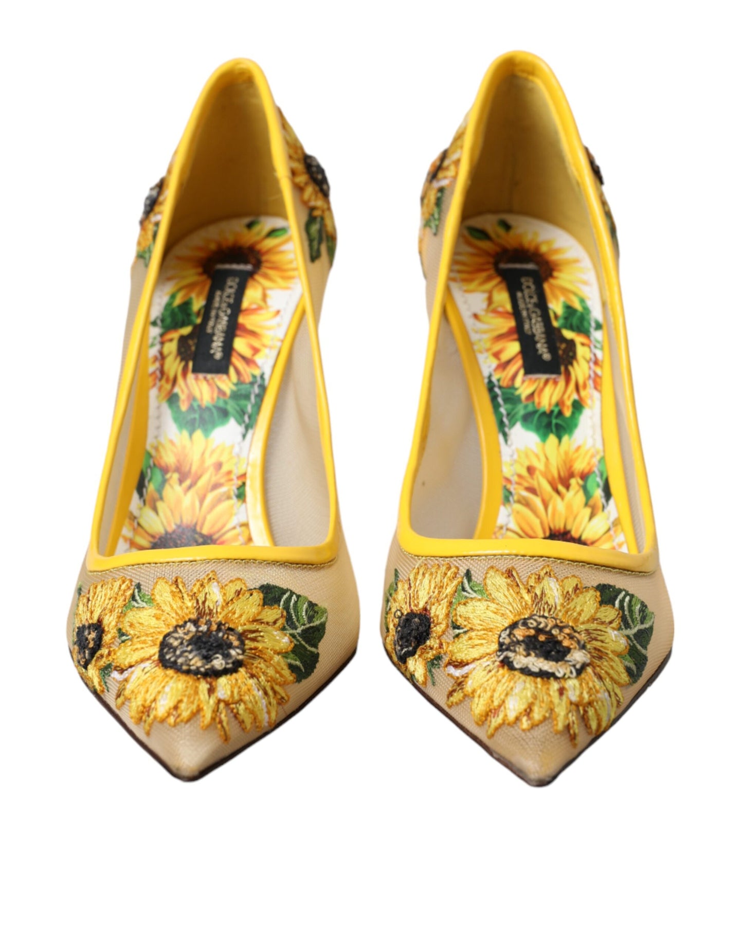 Gelbe Pumps mit Sonnenblumen-Motiv aus Netzstoff