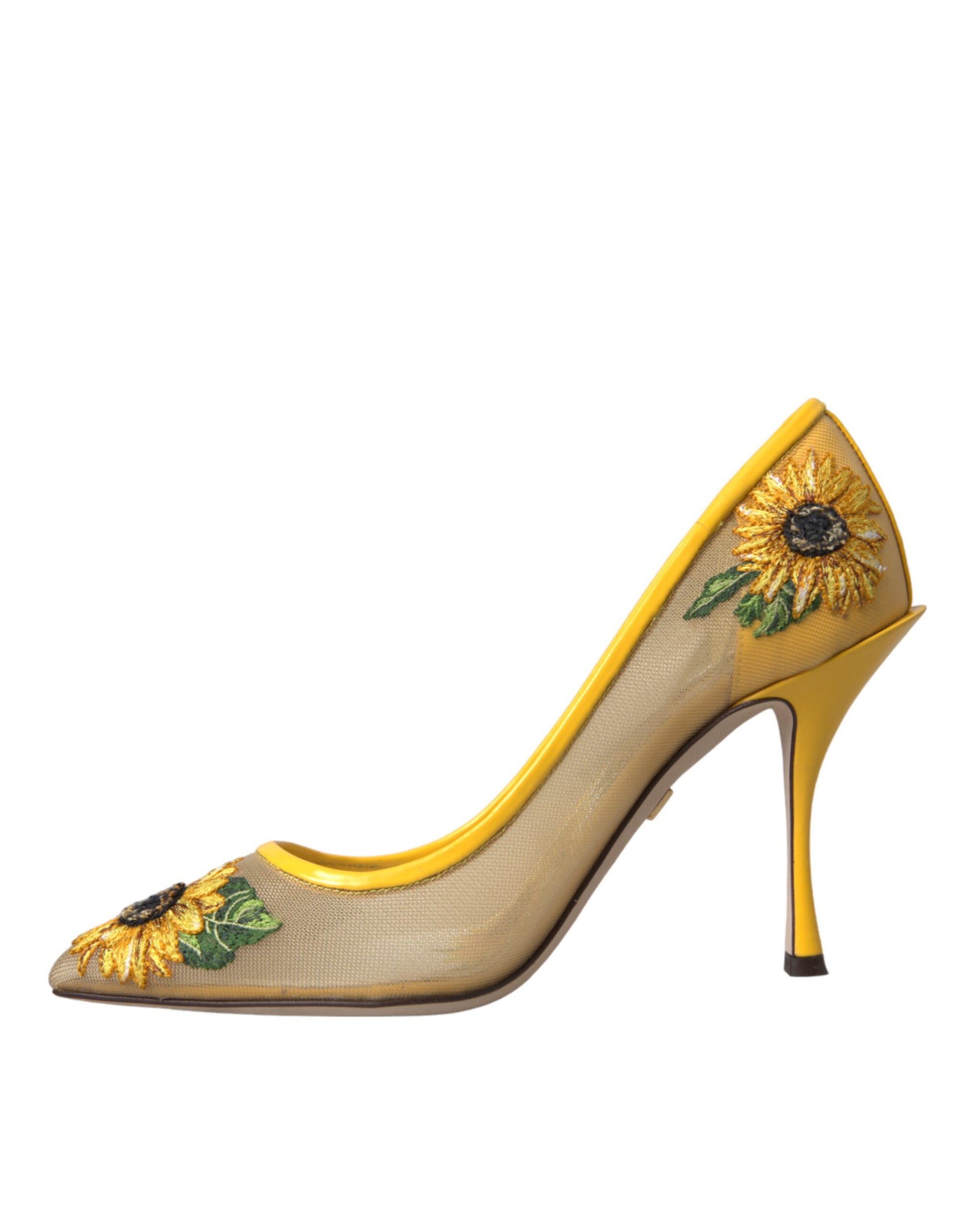 Gelbe Pumps mit Sonnenblumen-Motiv aus Netzstoff