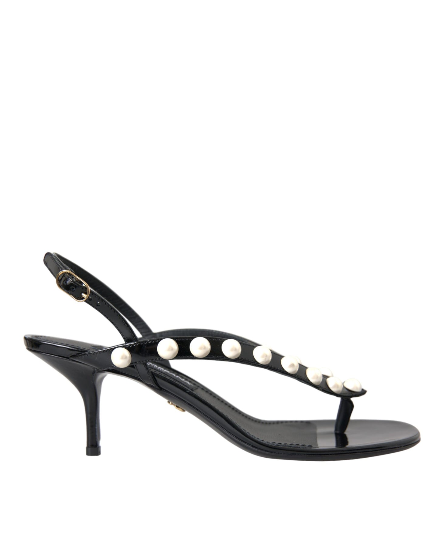 Black Leather Faux Pearl Heel Sandals Shoes