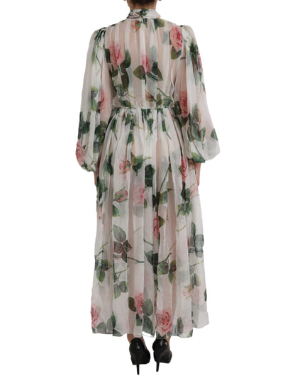 Vestido largo maxi con estampado floral de seda blanca