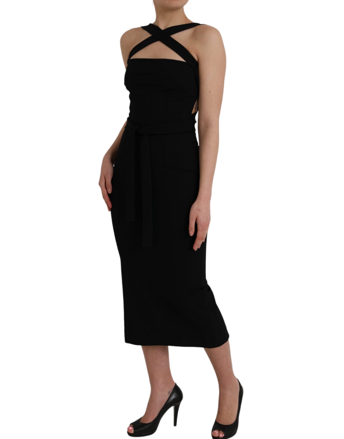 Vestido midi negro sin mangas con escote halter