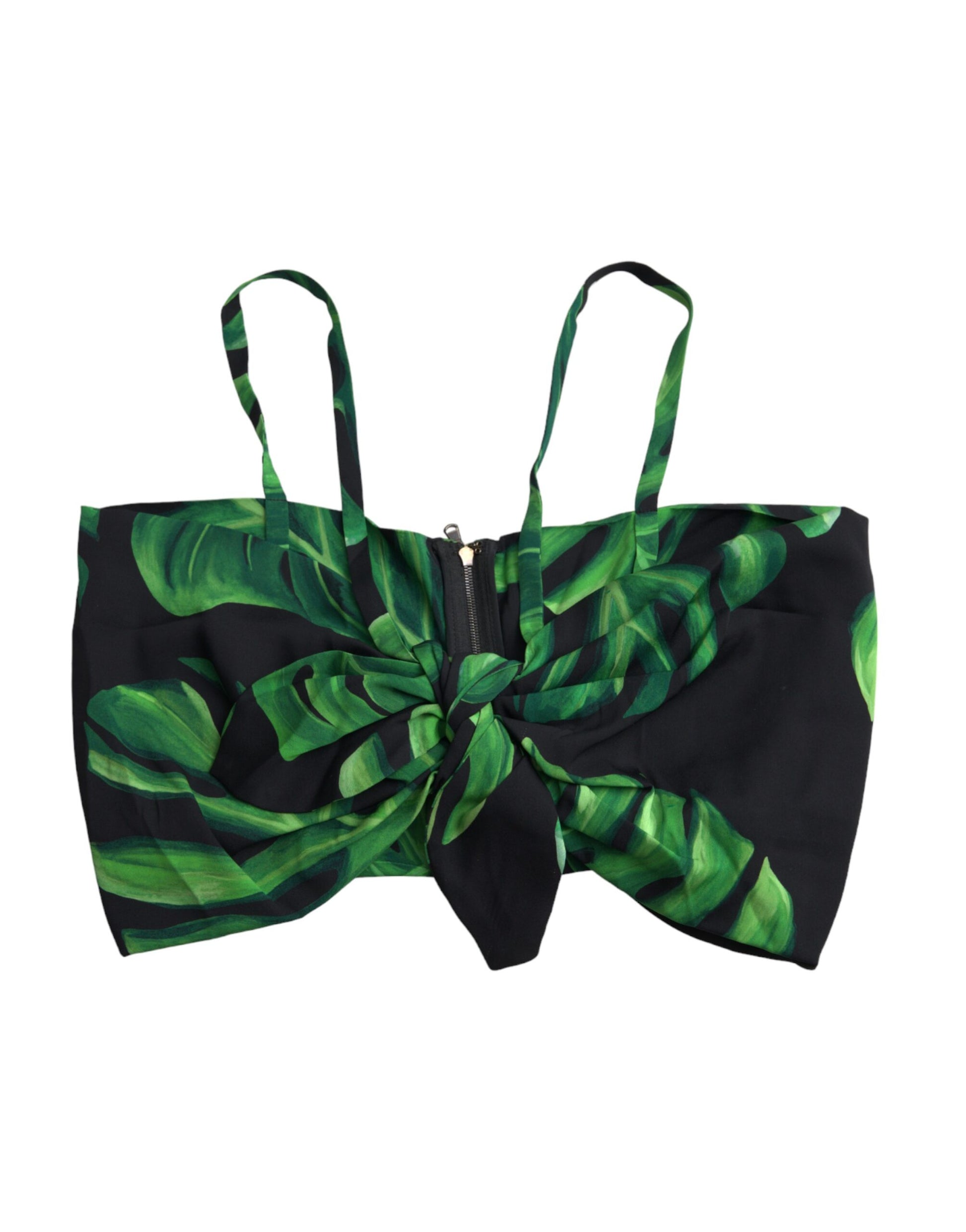 Black Green Leaf Silk Halter Cropped Top