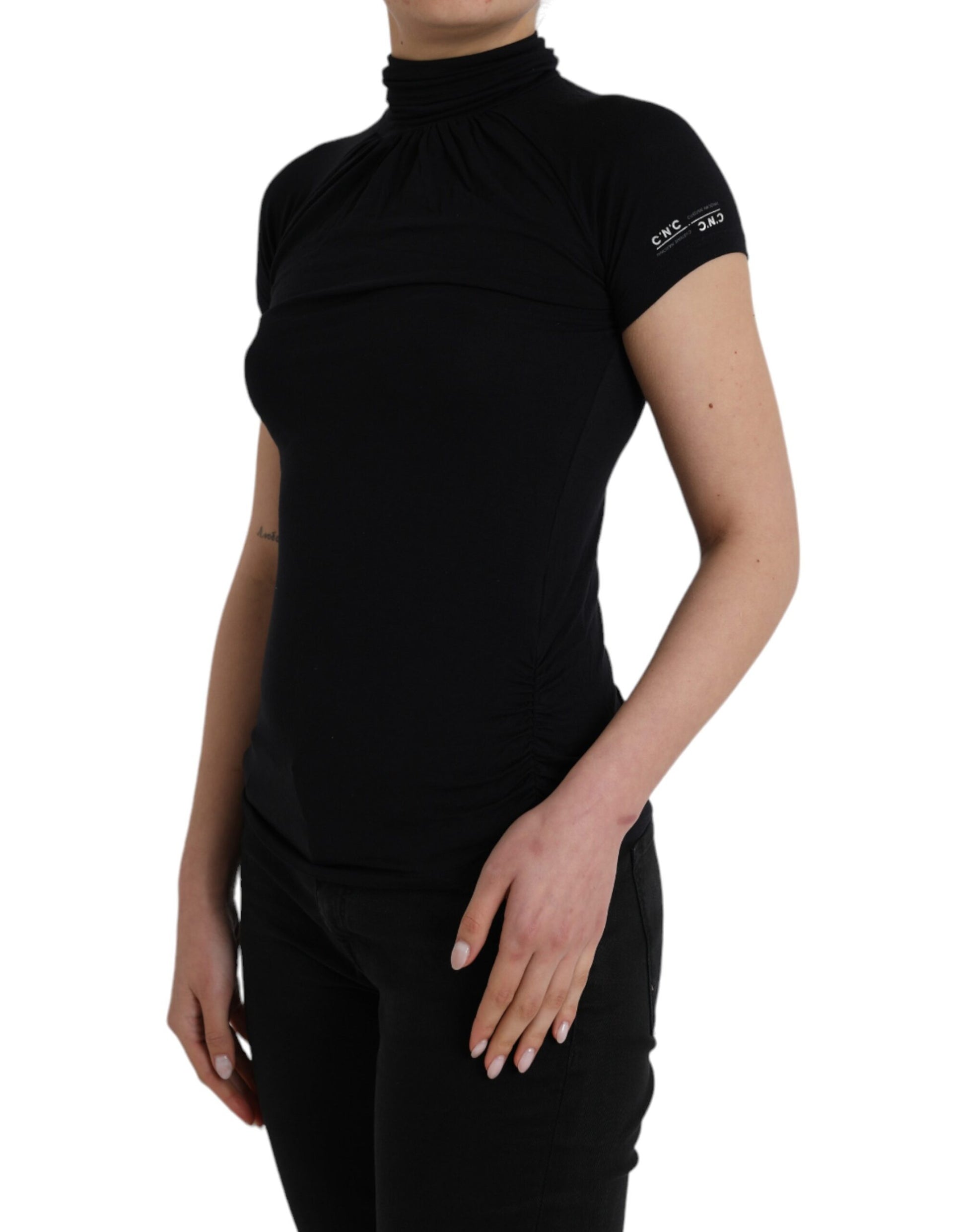 Black Turtleneck Viscose Short Sleeve Top