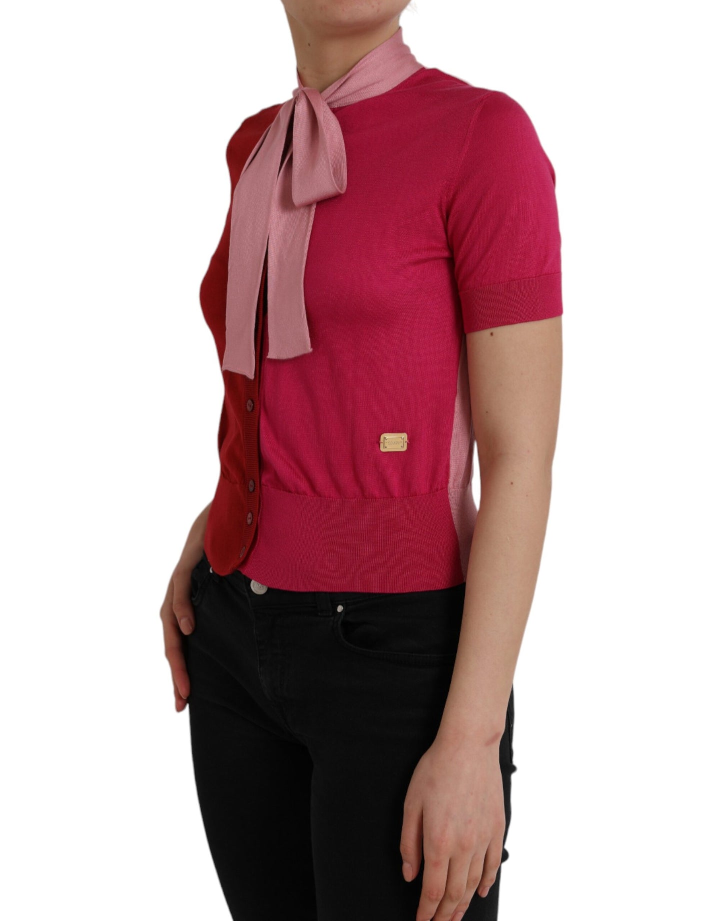 Pink Short Sleeves Pullover Ascot Collar Top