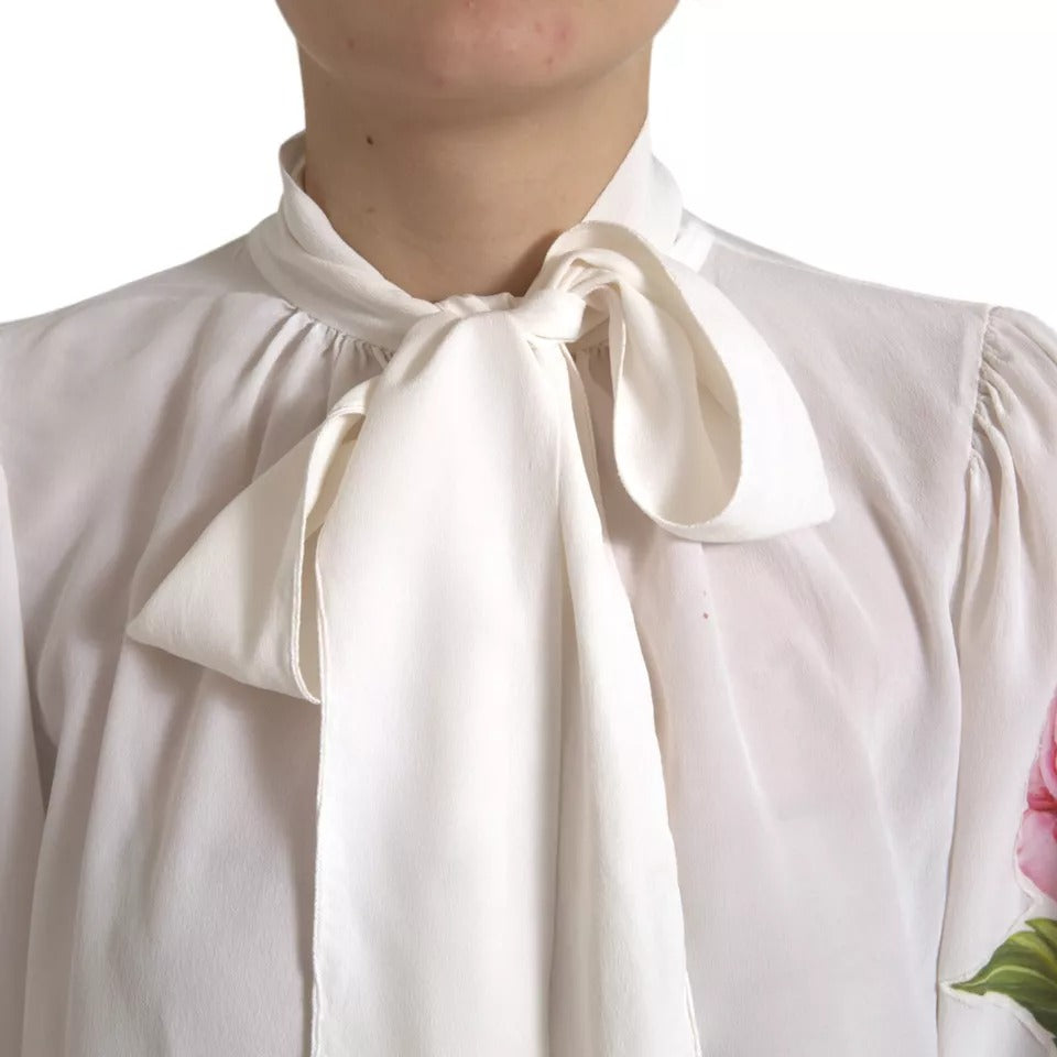 Weiße Bluse aus Seide mit Ascot-Kragen und Blumenmuster