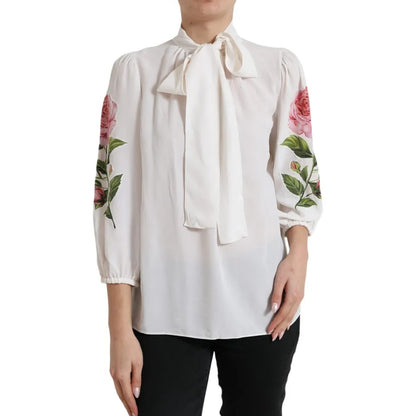 Weiße Bluse aus Seide mit Ascot-Kragen und Blumenmuster