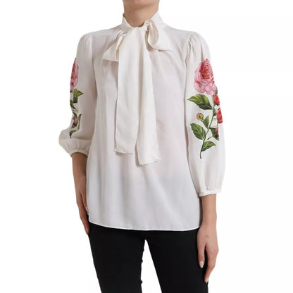 Weiße Bluse aus Seide mit Ascot-Kragen und Blumenmuster