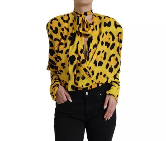 Blusa de manga larga con estampado de leopardo amarillo