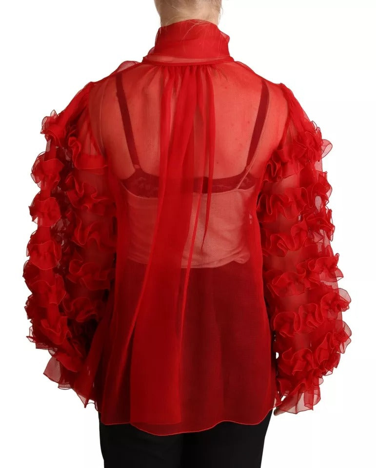 Red Silk Ascot Collar Ruffles Blouse Top