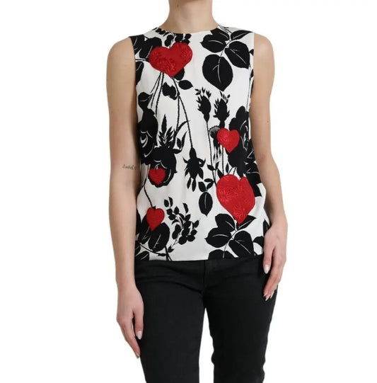 Weißes Tanktop mit Rosen-Print und Herzstickerei