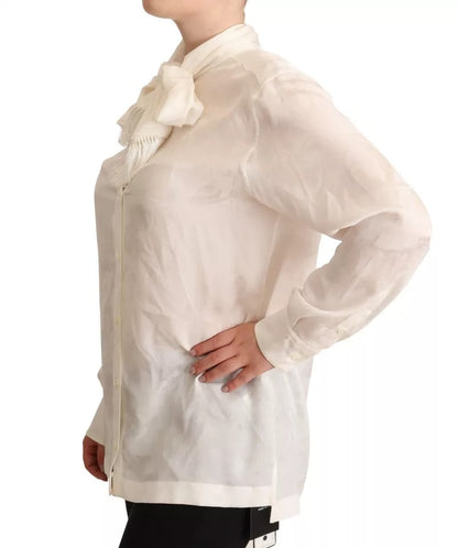 Blusa blanca Camisa con cuello ascot Camisa de seda con botones