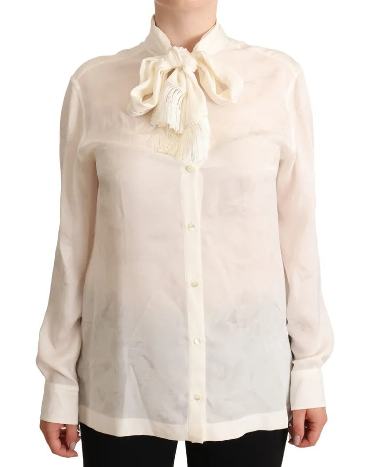 Blusa blanca Camisa con cuello ascot Camisa de seda con botones