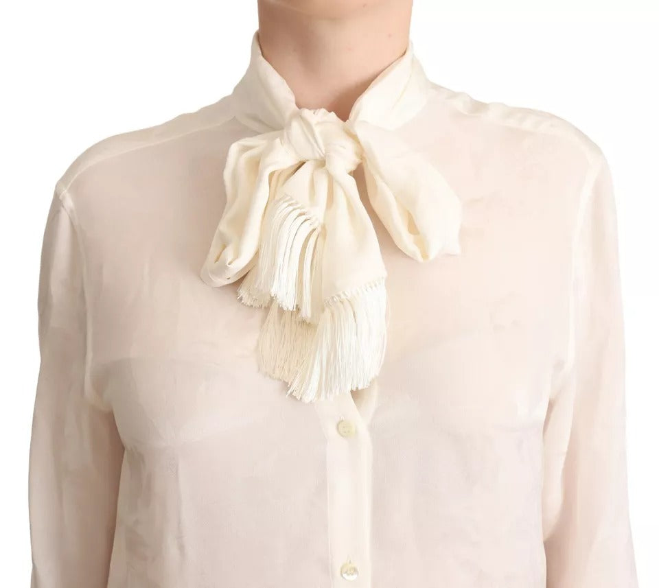 Blusa blanca Camisa con cuello ascot Camisa de seda con botones