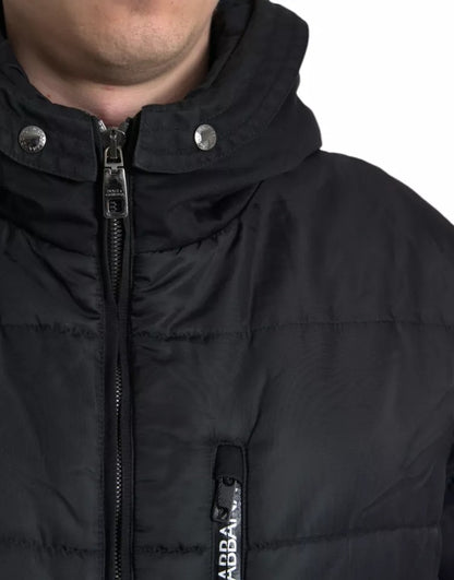 Schwarzer Parka aus Nylon mit Kapuze, Winterjacke