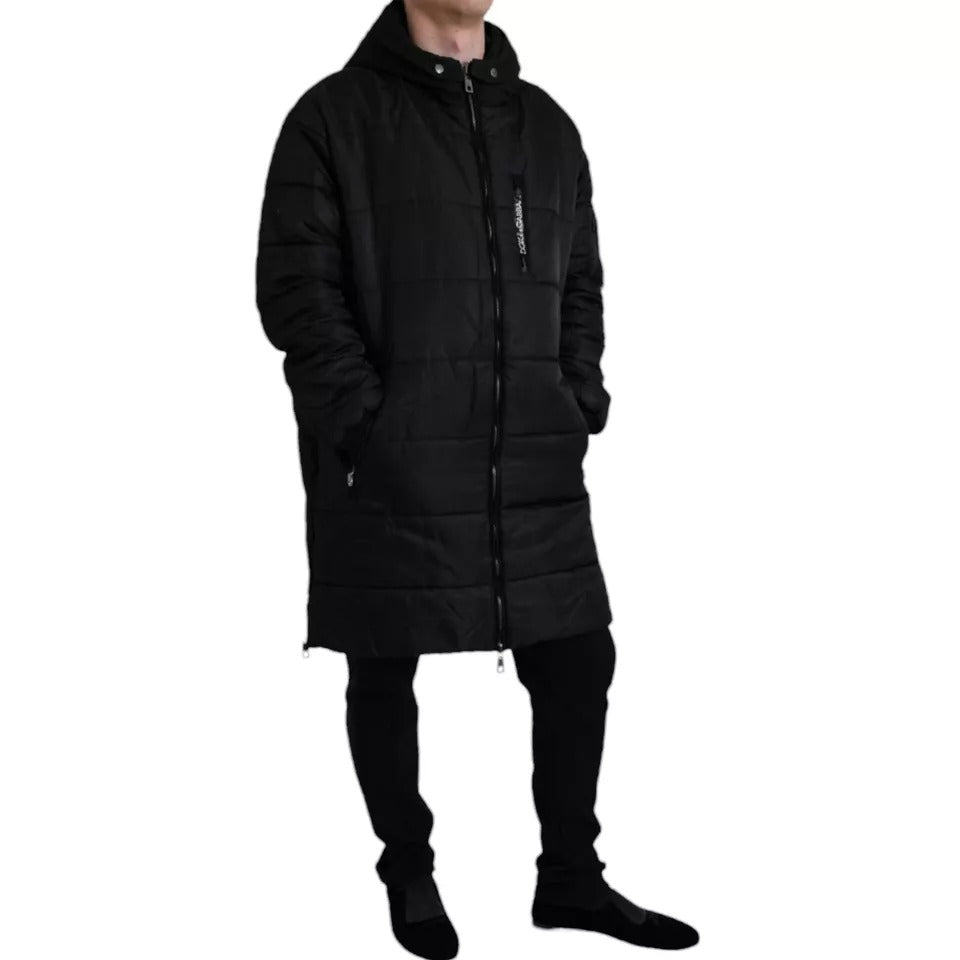 Schwarzer Parka aus Nylon mit Kapuze, Winterjacke