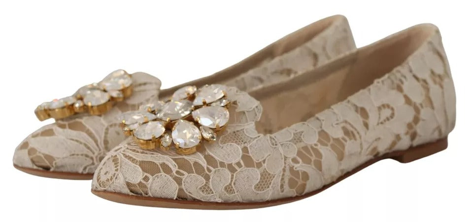 Beige Lace Crystal Ballet Flats Loafers Shoes