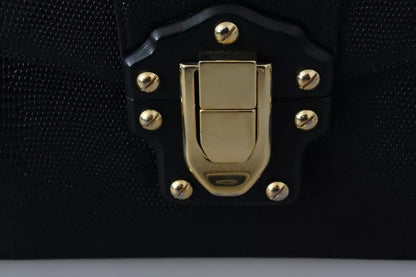 Cartera pequeña de piel negra y metal dorado para mujer, cartera Lucia