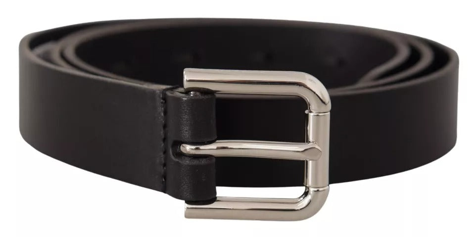 Black Leather Silver Tone Metal Buckle Classic Belt