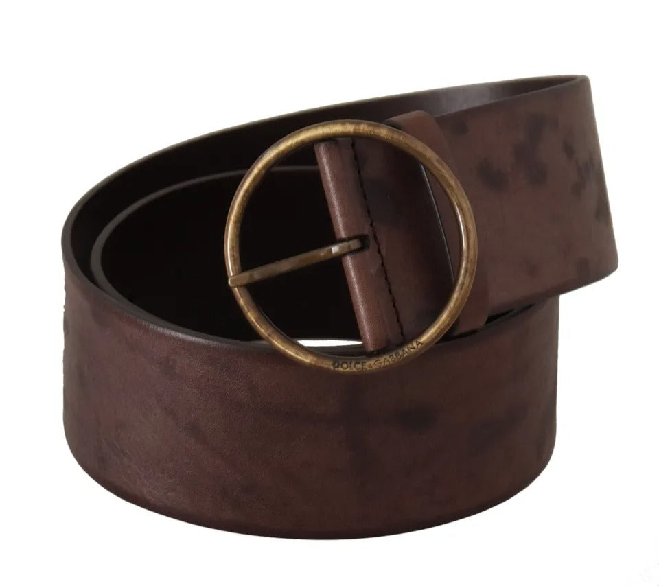 Dark Brown Wide Calf Leather Logo Round Buckle Belt