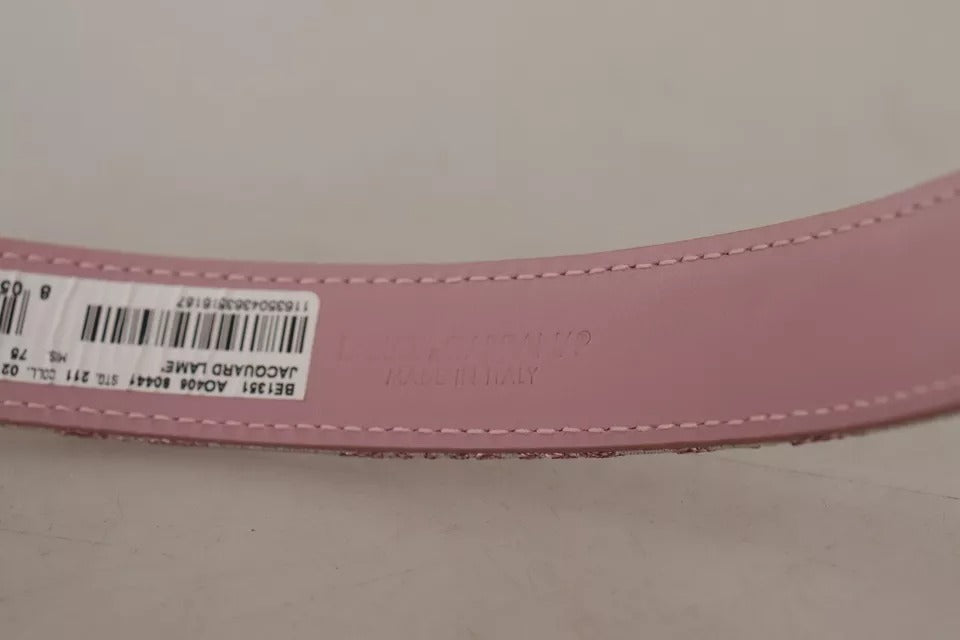 Pink Jaquard Embroidered Gold Tone Metal Buckle Belt