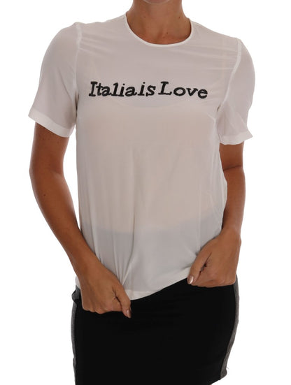 Weiße Bluse „Italia Is Love“ aus Seide mit Pailletten