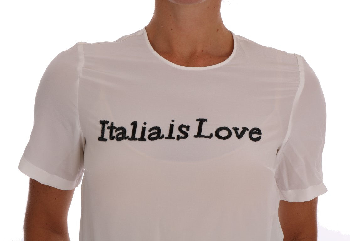 Weiße Bluse „Italia Is Love“ aus Seide mit Pailletten