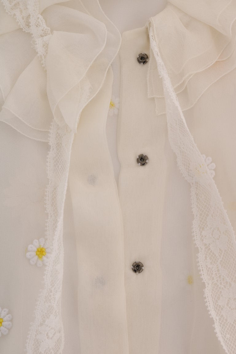 Elegant White Silk Daisy Blouse