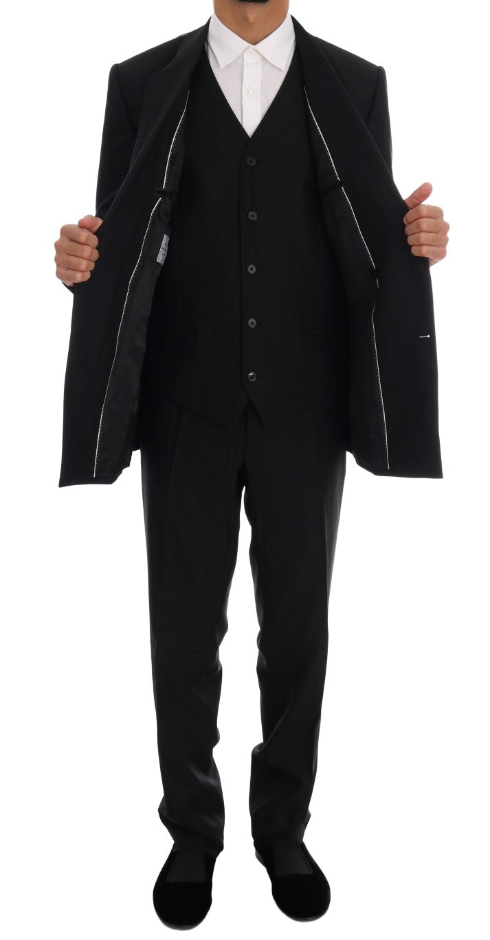 Elegant Black Wool Three-Piece Suit