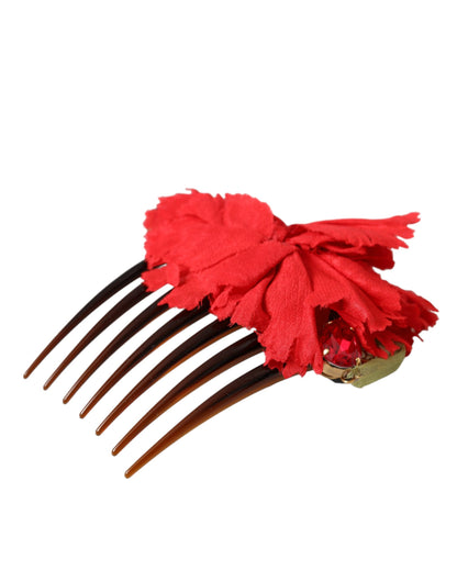 Red Silk Floral Gold Brass Women Hair Comb