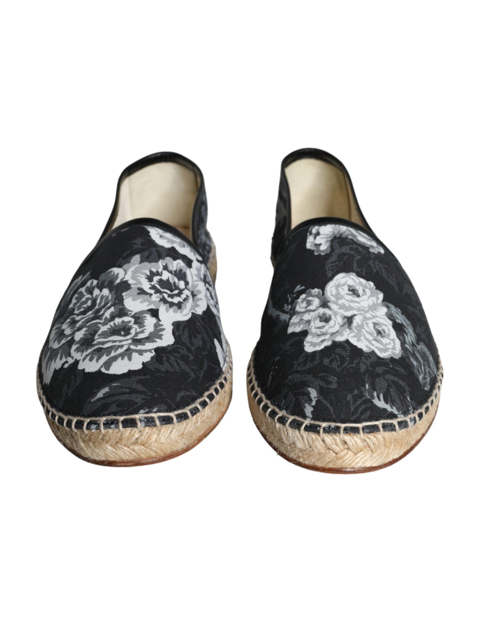 Black Floral Cotton Leather Espadrilles Shoes