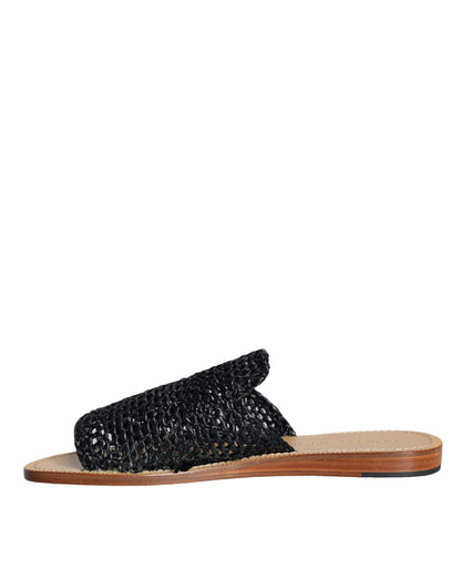 Black Monochrome Braided Raffia Slides Shoes