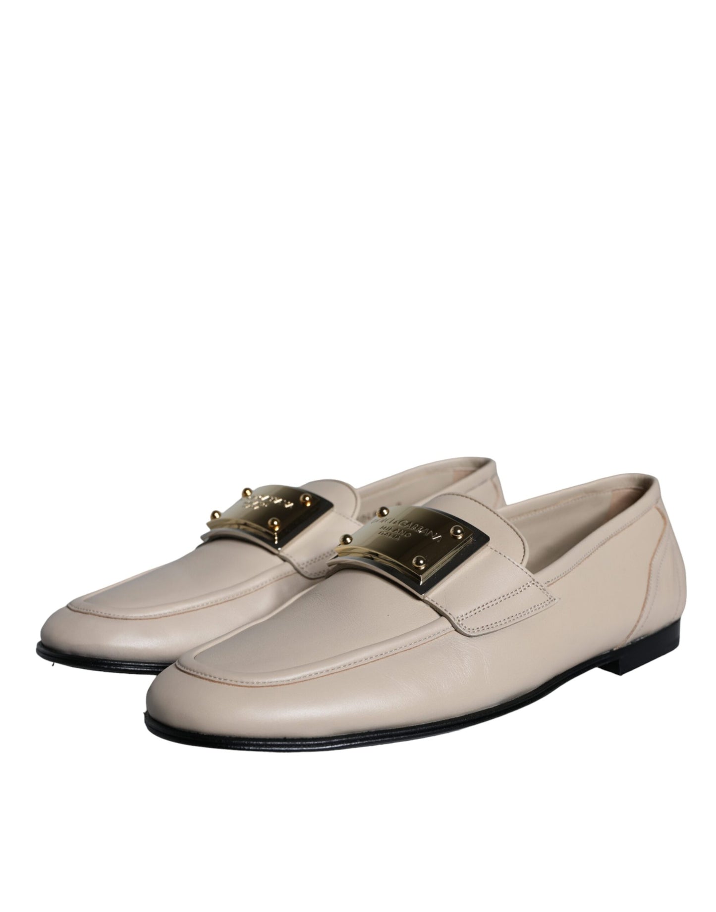 Beige Leather Logo Plaque Slip On Men Loafers Shoes