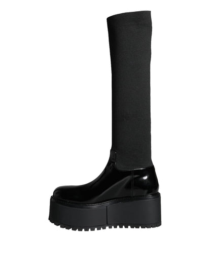 Black Leather Jersey Knee High Boots Shoes