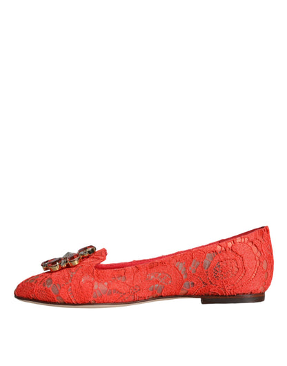 Coral Lace Crystal Ballet Flats Loafers Shoes