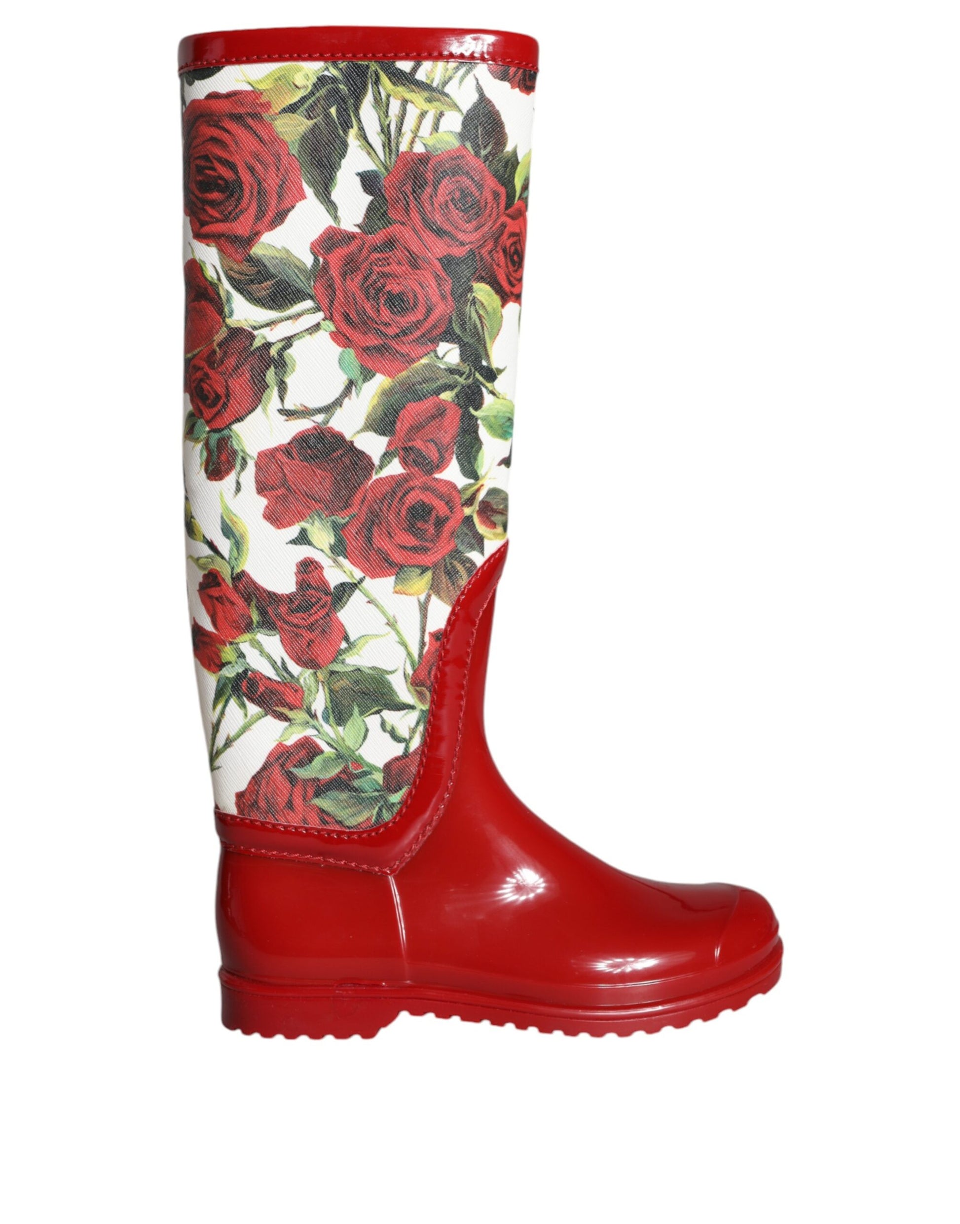 Red Floral Rubber Knee High Flat Boots Shoes