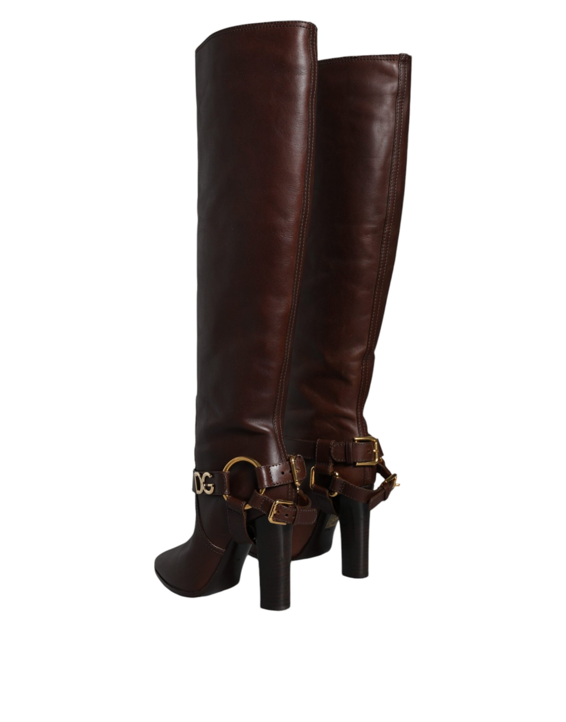 Brown Leather Gold Tone Logo High Boots Shoes