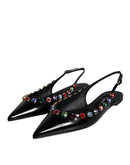 Black Leather Crystal Flats Slingback Shoes