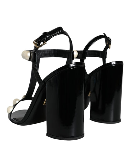 Black Leather Pearls T-strap Sandals Shoes