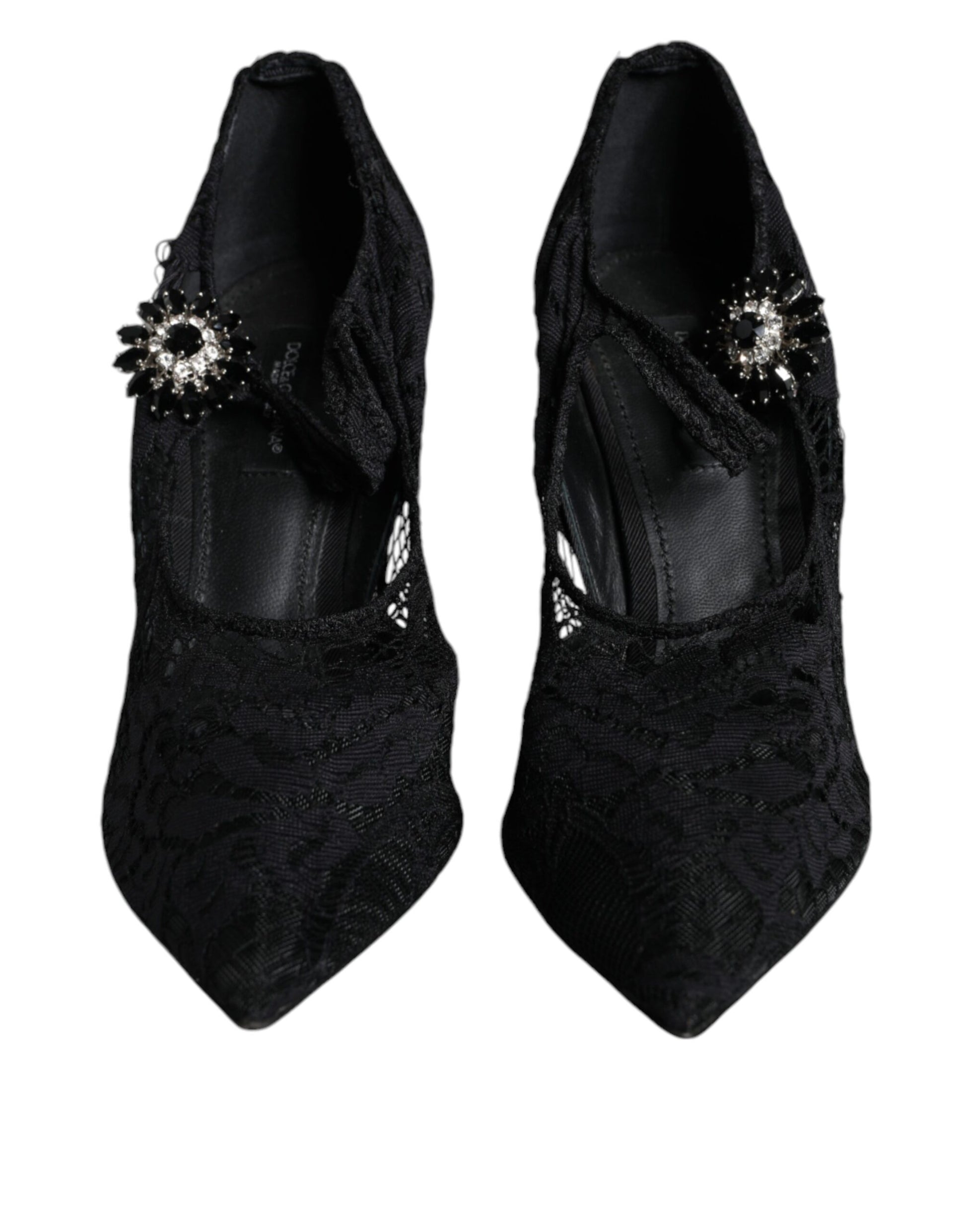 Schwarze Mary Jane Pumps mit Spitze und Kristallen