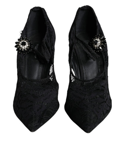 Schwarze Mary Jane Pumps mit Spitze und Kristallen