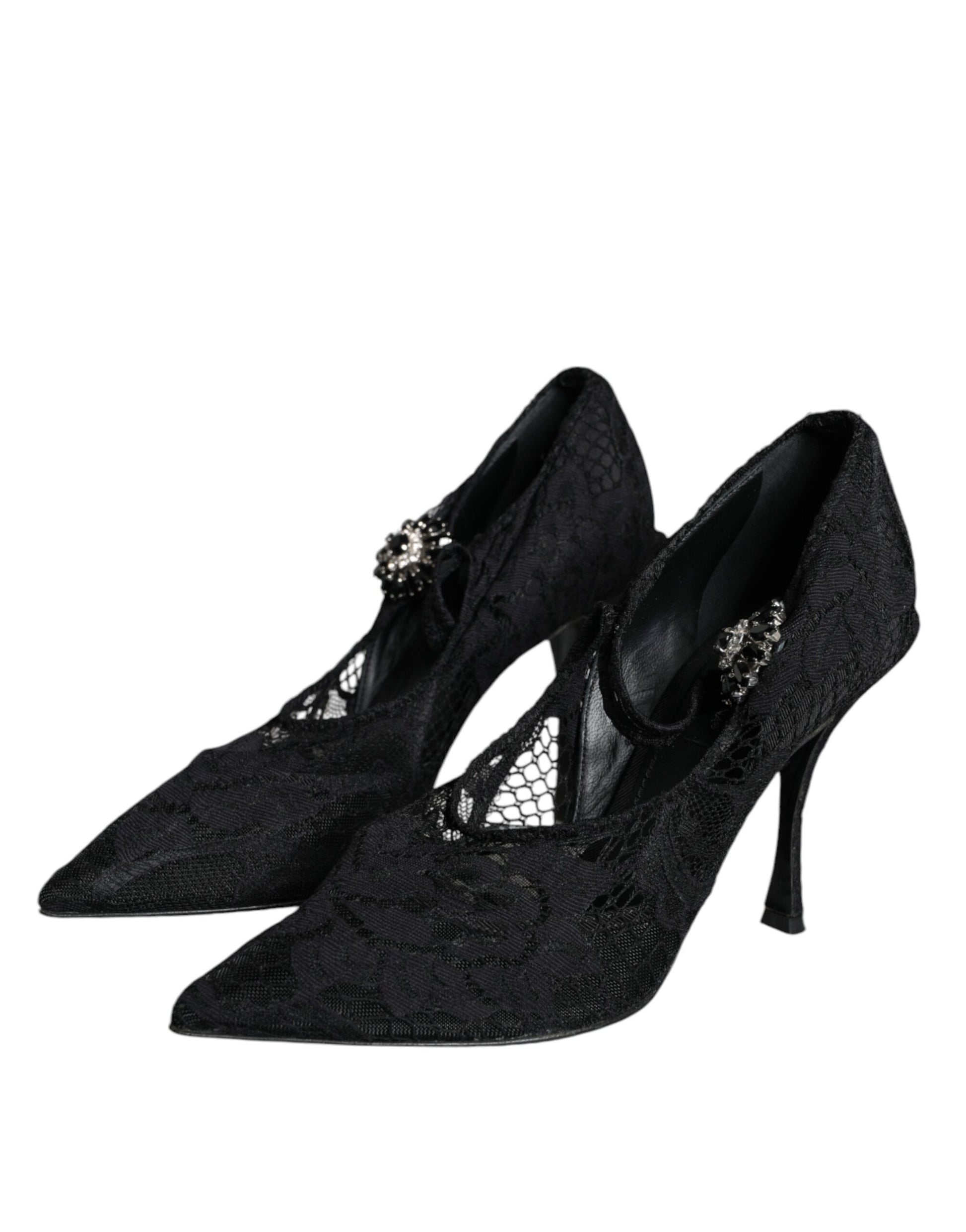 Schwarze Mary Jane Pumps mit Spitze und Kristallen