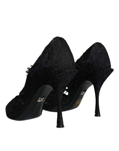 Schwarze Mary Jane Pumps mit Spitze und Kristallen