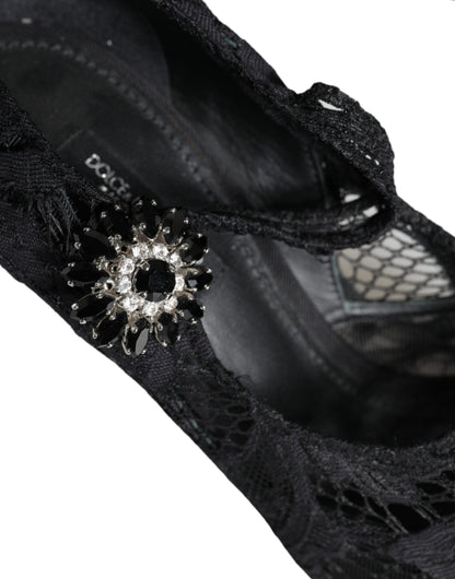 Schwarze Mary Jane Pumps mit Spitze und Kristallen