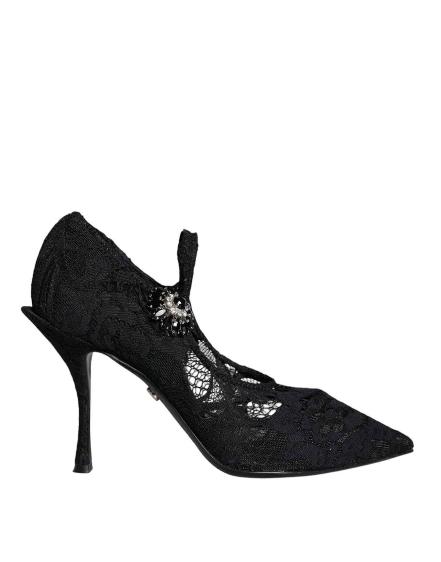 Schwarze Mary Jane Pumps mit Spitze und Kristallen