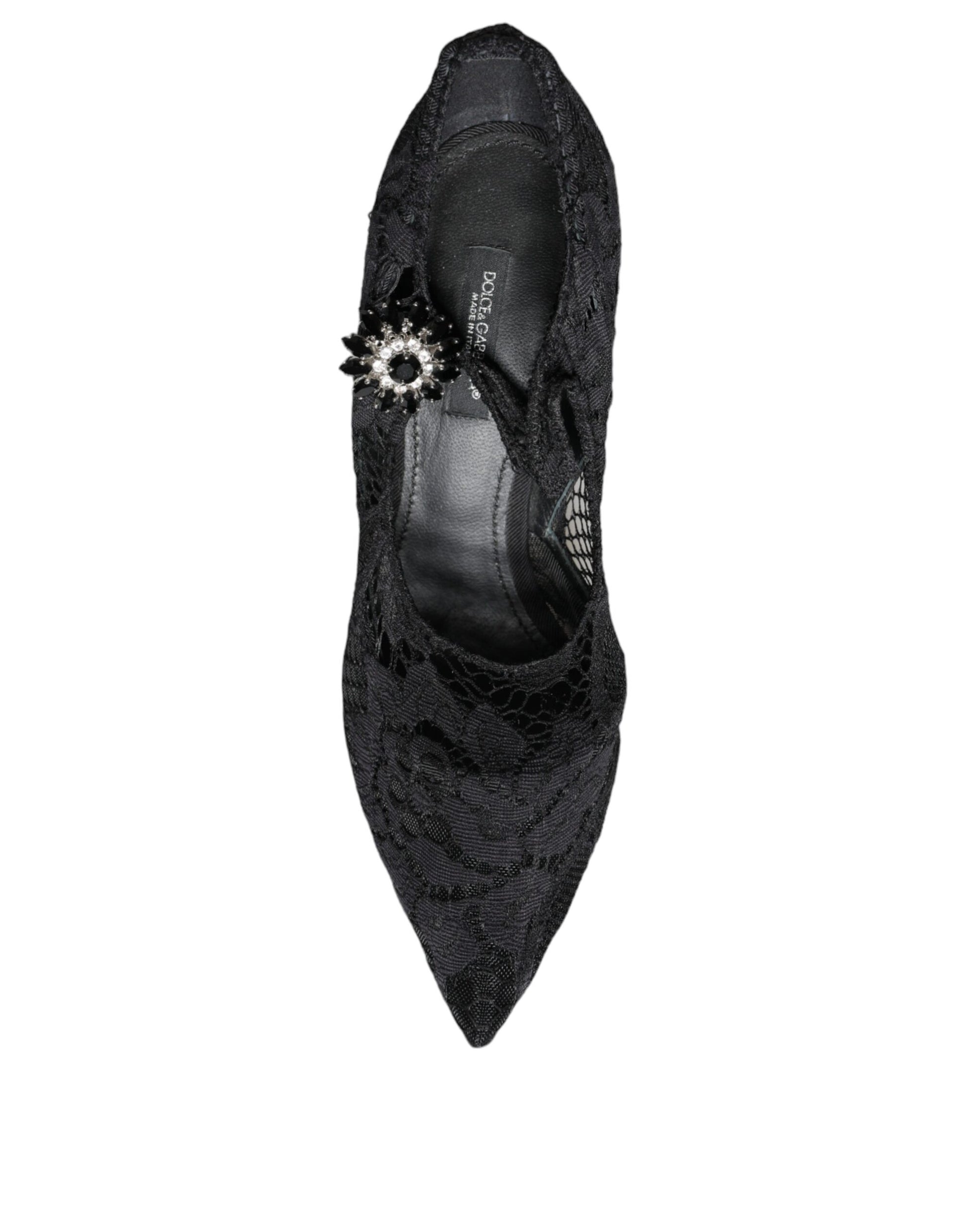 Schwarze Mary Jane Pumps mit Spitze und Kristallen