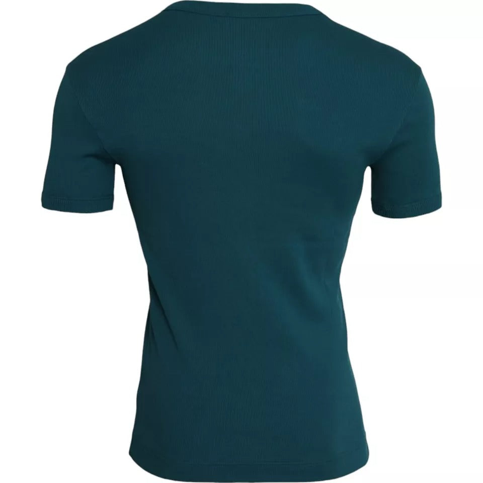 Camiseta de algodón azul y verde con cuello redondo y mangas cortas