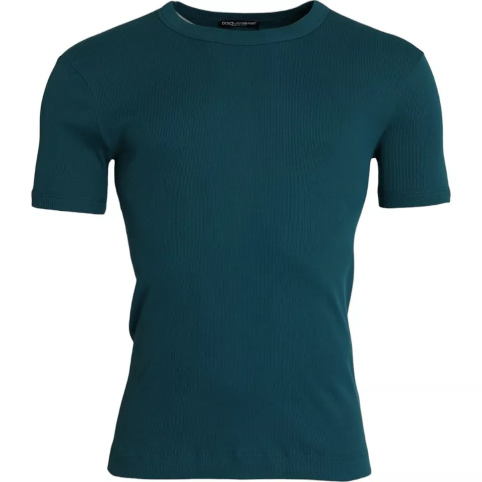 Camiseta de algodón azul y verde con cuello redondo y mangas cortas