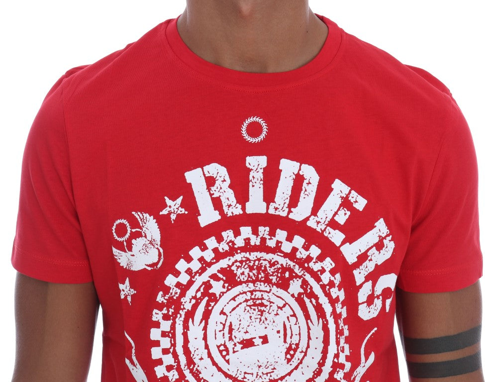 Camiseta elegante de cuello redondo con motivo 'RIDERS' en rojo